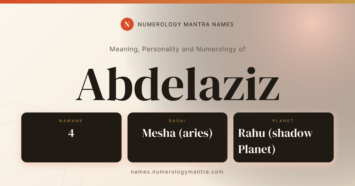 Abdelaziz name meaning, Namank calculation, and Vedic profile share card