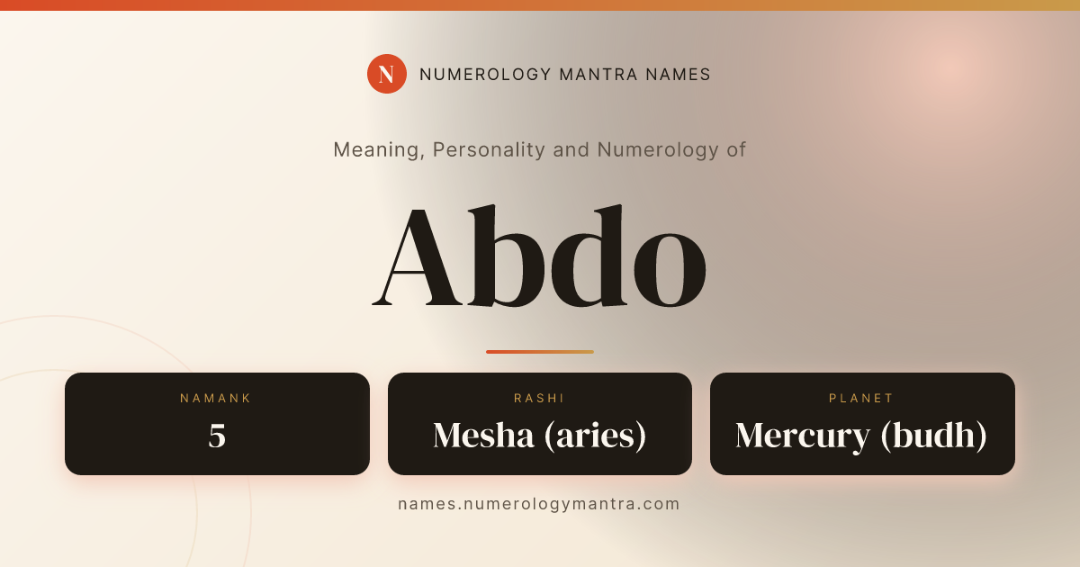 Abdo name meaning, Namank calculation, and Vedic profile share card