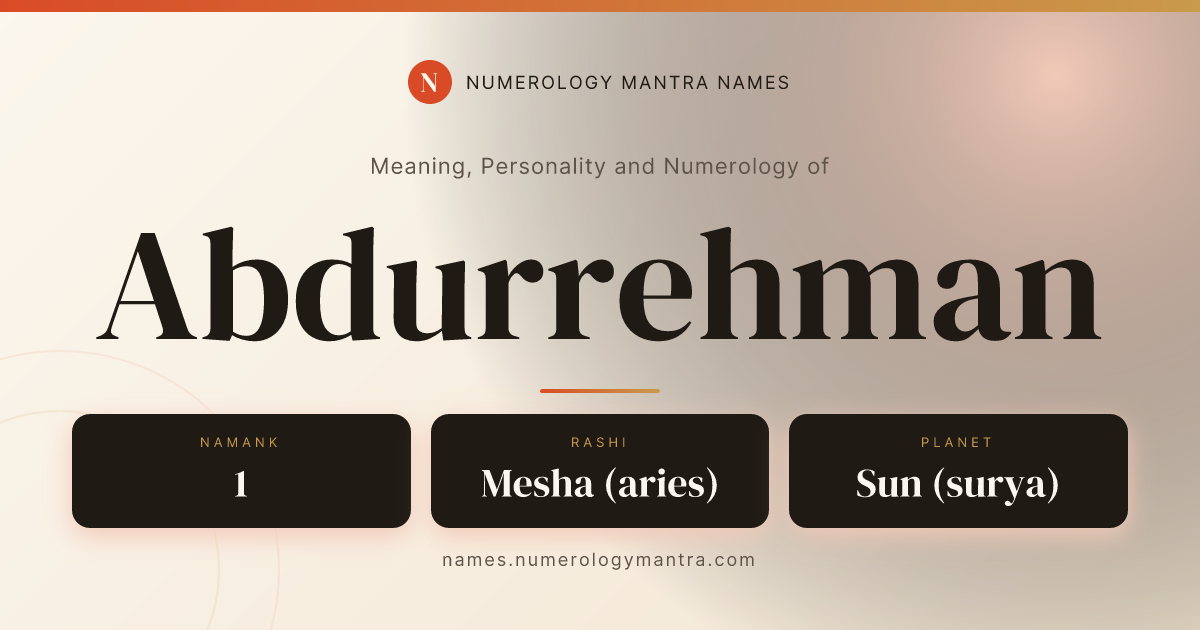 Abdurrehman name meaning, Namank calculation, and Vedic profile share card