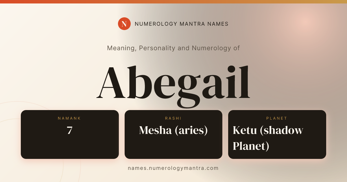 Abegail name meaning, Namank calculation, and Vedic profile share card