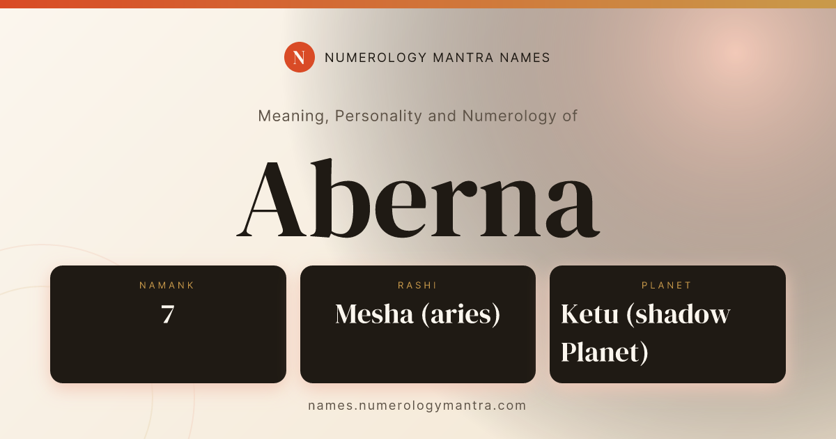 Aberna name meaning, Namank calculation, and Vedic profile share card
