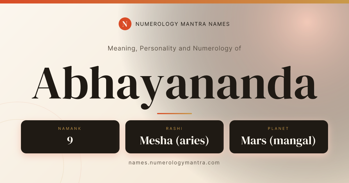 Abhayananda name meaning, Namank calculation, and Vedic profile share card