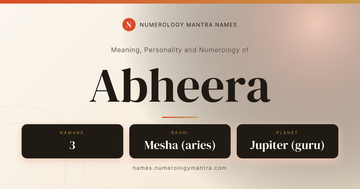 Abheera name meaning, Namank calculation, and Vedic profile share card