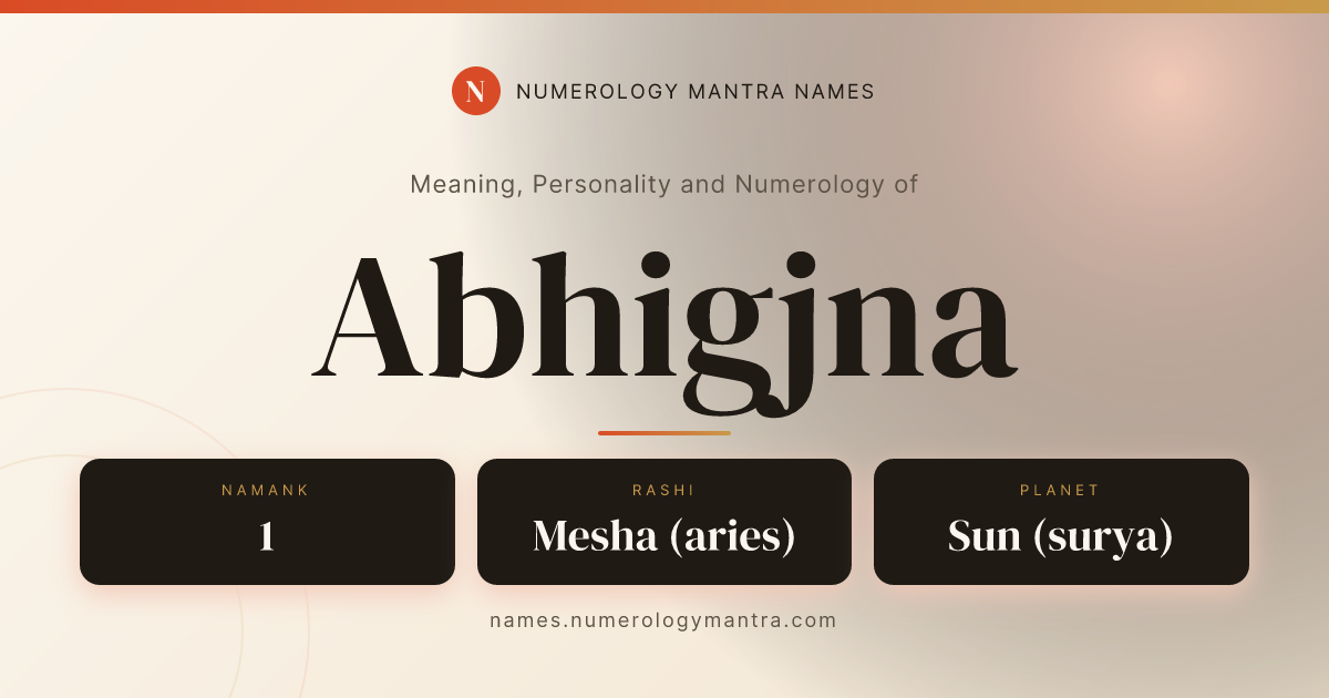 Abhigjna name meaning, Namank calculation, and Vedic profile share card