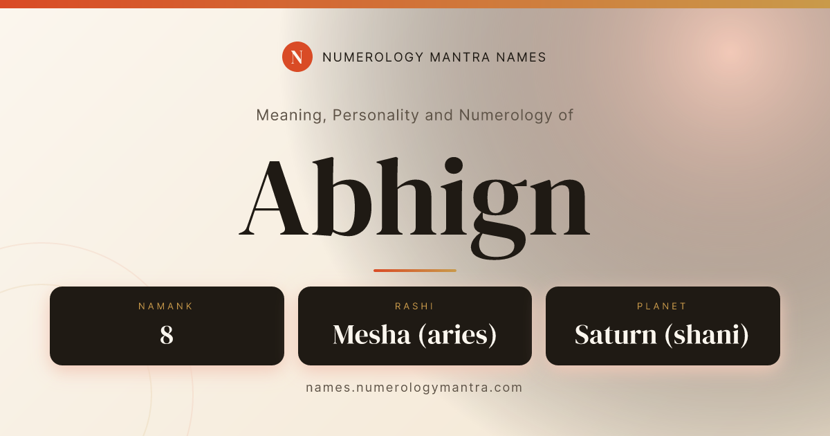 Abhign name meaning, Namank calculation, and Vedic profile share card