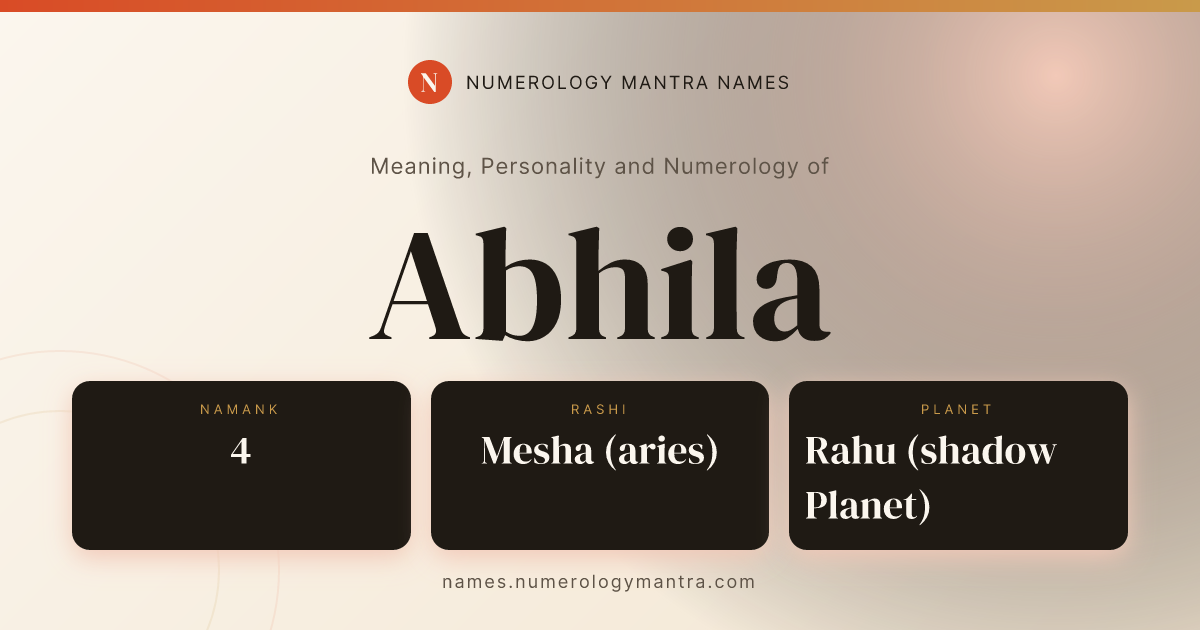 Abhila name meaning, Namank calculation, and Vedic profile share card