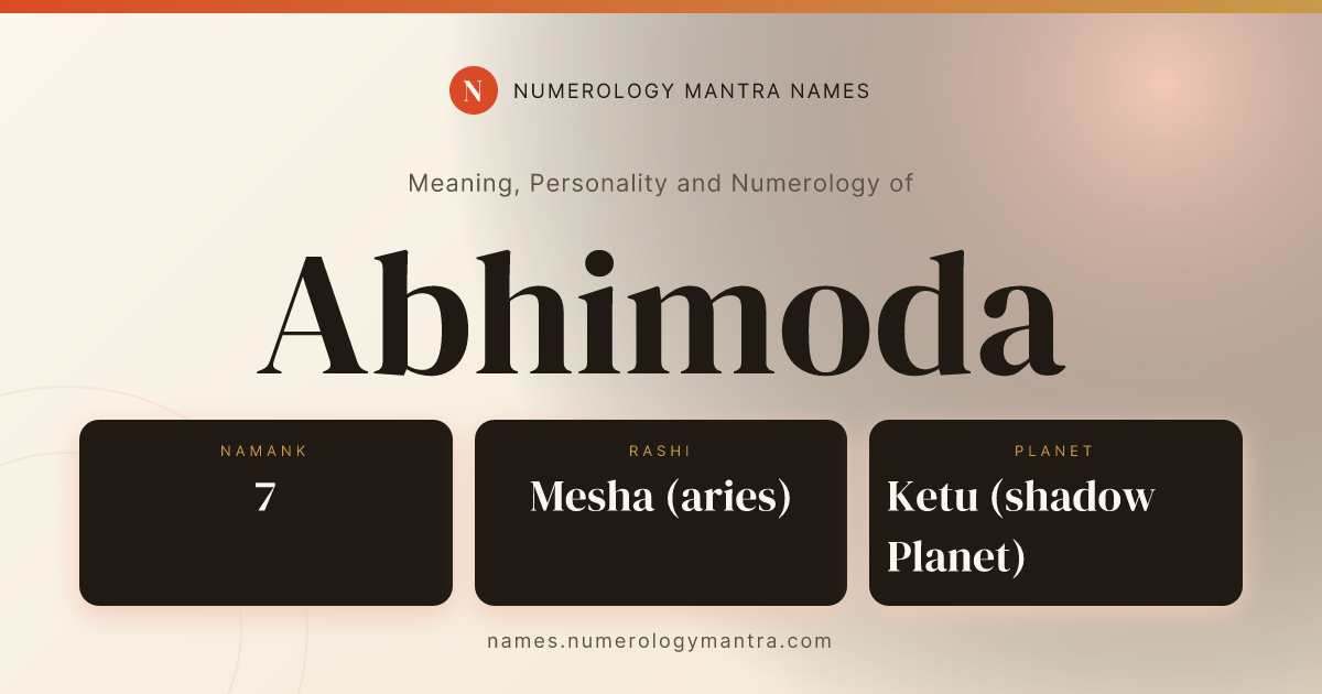 Abhimoda name meaning, Namank calculation, and Vedic profile share card
