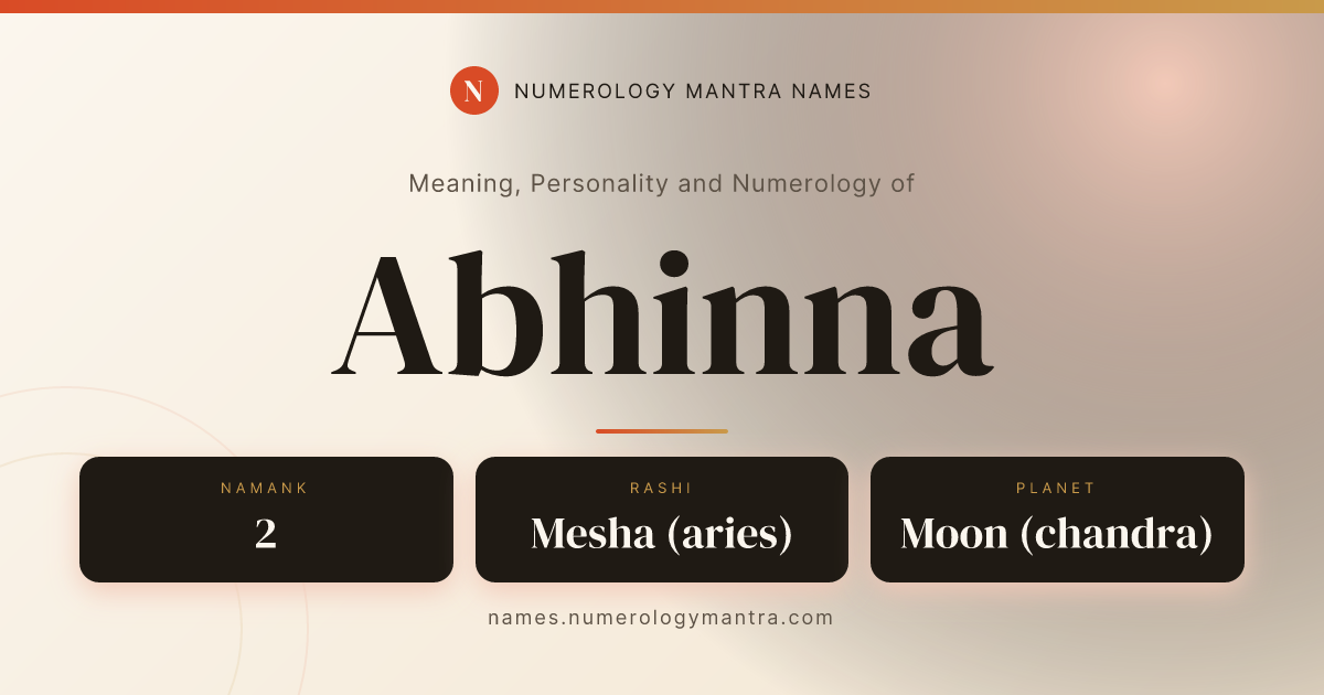 Abhinna name meaning, Namank calculation, and Vedic profile share card