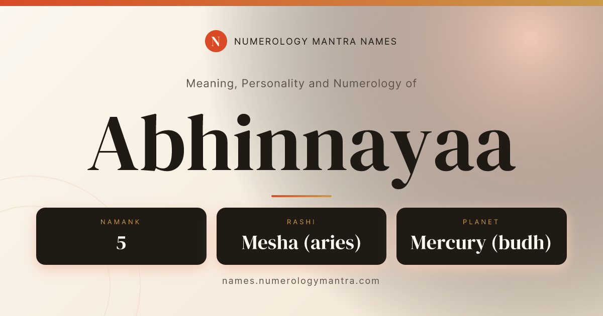 Abhinnayaa name meaning, Namank calculation, and Vedic profile share card