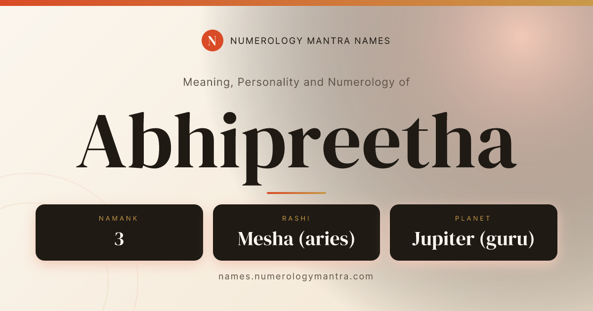 Abhipreetha name meaning, Namank calculation, and Vedic profile share card