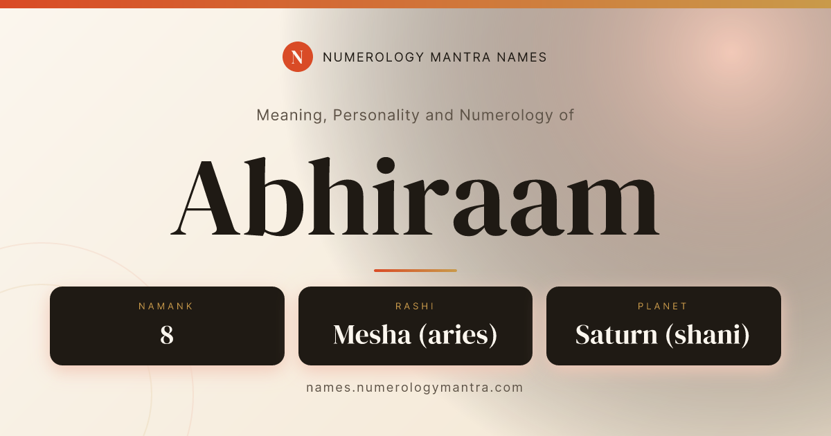 Abhiraam name meaning, Namank calculation, and Vedic profile share card