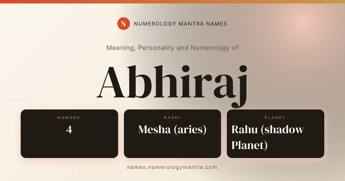 Abhiraj name meaning, Namank calculation, and Vedic profile share card