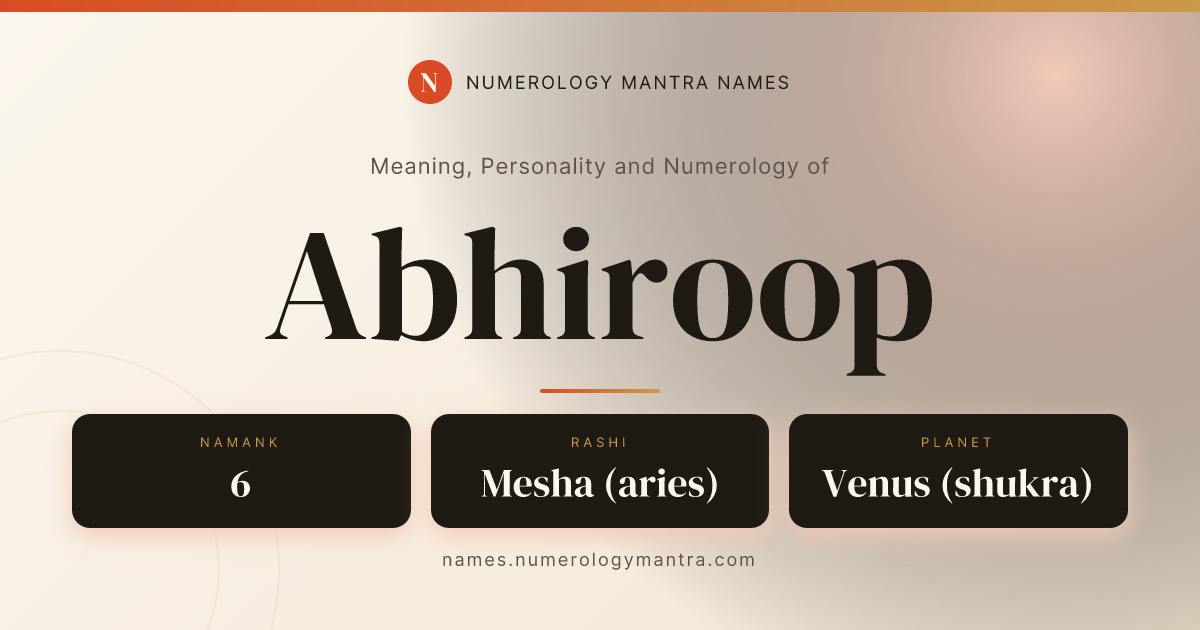 Abhiroop name meaning, Namank calculation, and Vedic profile share card