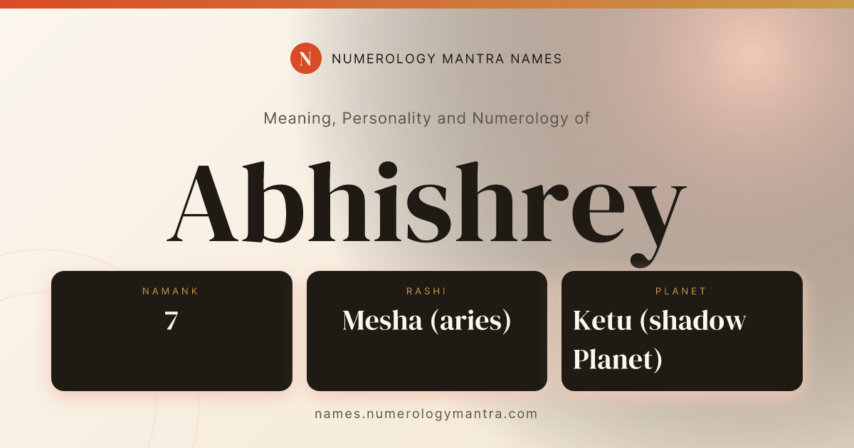 Abhishrey name meaning, Namank calculation, and Vedic profile share card