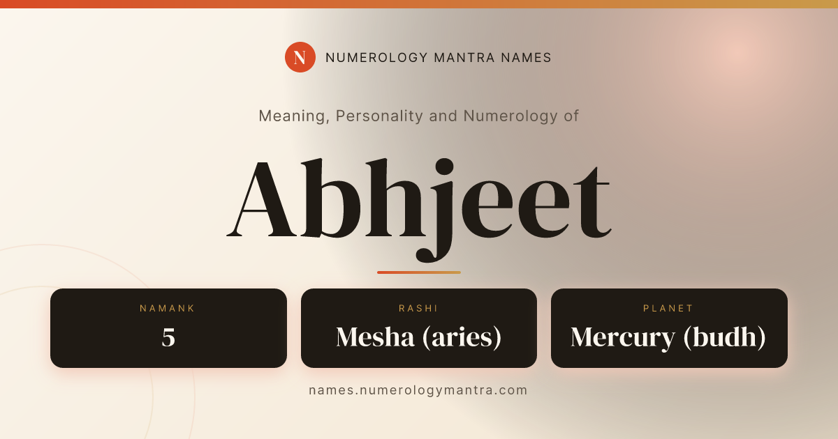 Abhjeet name meaning, Namank calculation, and Vedic profile share card