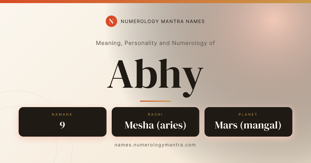 Abhy name meaning, Namank calculation, and Vedic profile share card