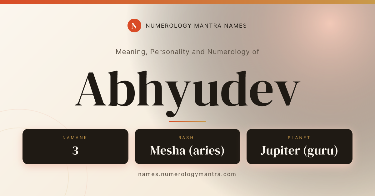 Abhyudev name meaning, Namank calculation, and Vedic profile share card