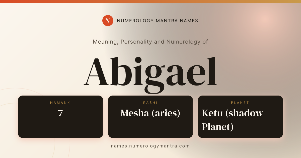 Abigael name meaning, Namank calculation, and Vedic profile share card