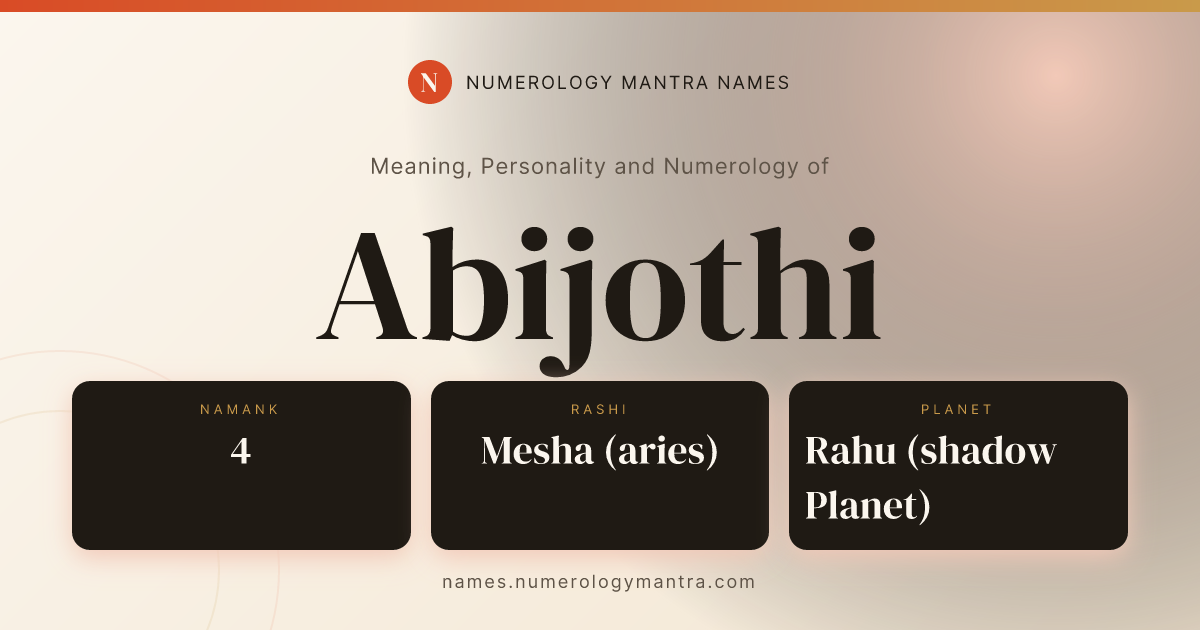Abijothi name meaning, Namank calculation, and Vedic profile share card