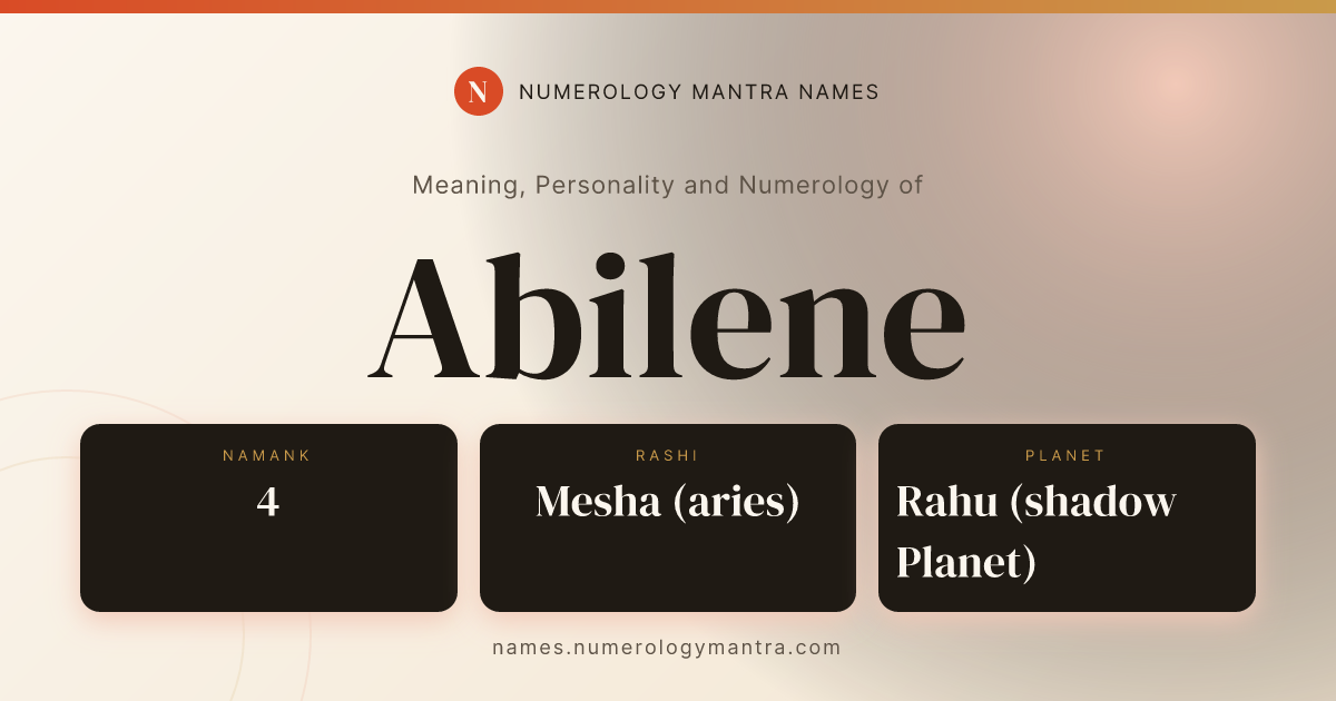 Abilene name meaning, Namank calculation, and Vedic profile share card