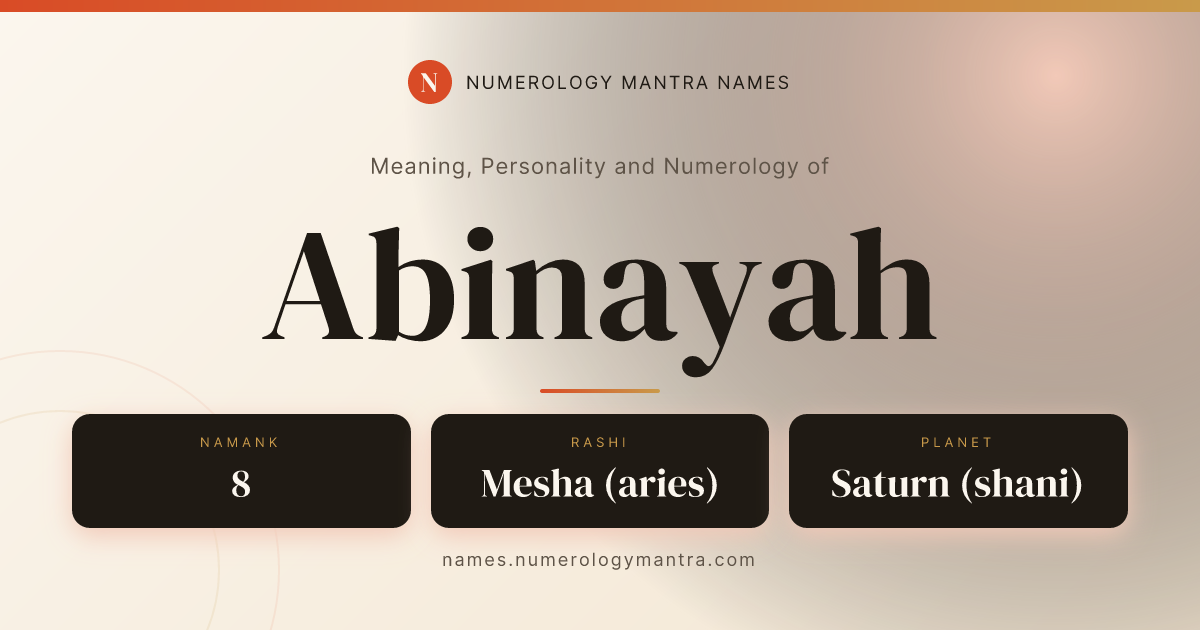 Abinayah name meaning, Namank calculation, and Vedic profile share card