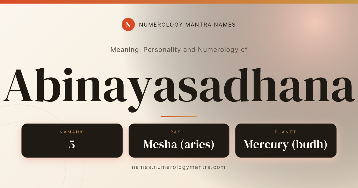 Abinayasadhana name meaning, Namank calculation, and Vedic profile share card