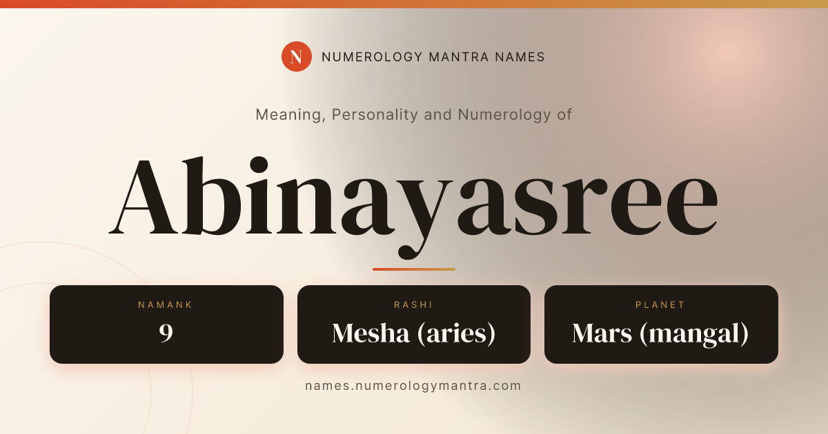 Abinayasree name meaning, Namank calculation, and Vedic profile share card