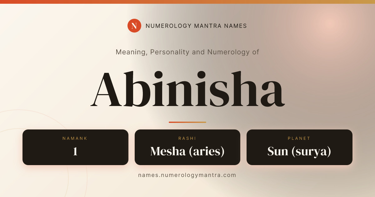 Abinisha name meaning, Namank calculation, and Vedic profile share card