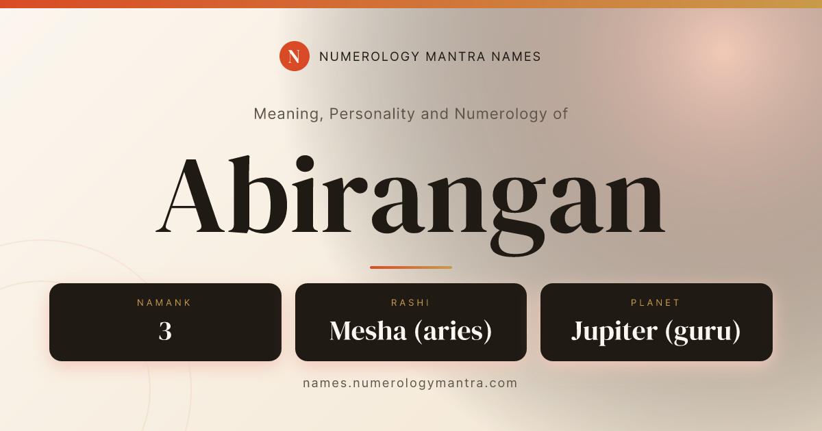 Abirangan name meaning, Namank calculation, and Vedic profile share card