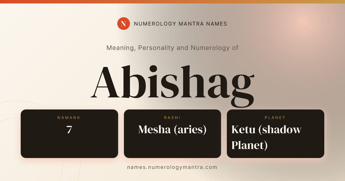 Abishag name meaning, Namank calculation, and Vedic profile share card