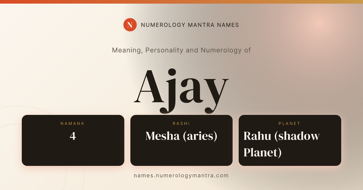 Ajay name meaning, Namank calculation, and Vedic profile share card