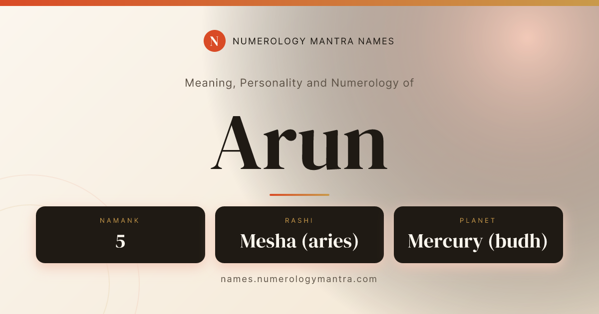 Arun name meaning, Namank calculation, and Vedic profile share card