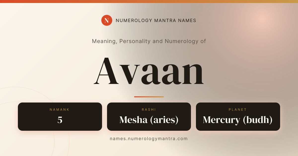 Avaan name meaning, Namank calculation, and Vedic profile share card