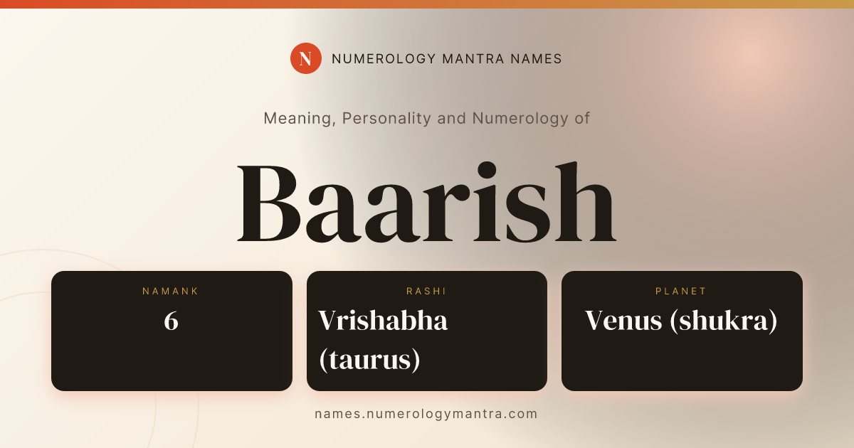 Baarish name meaning, Namank calculation, and Vedic profile share card