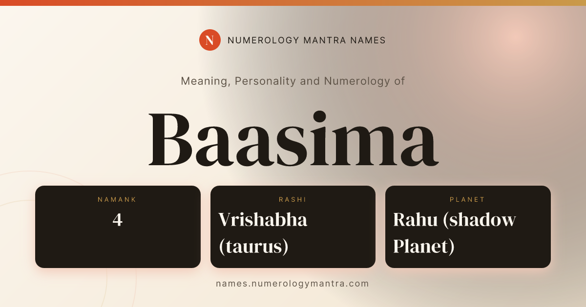 Baasima name meaning, Namank calculation, and Vedic profile share card