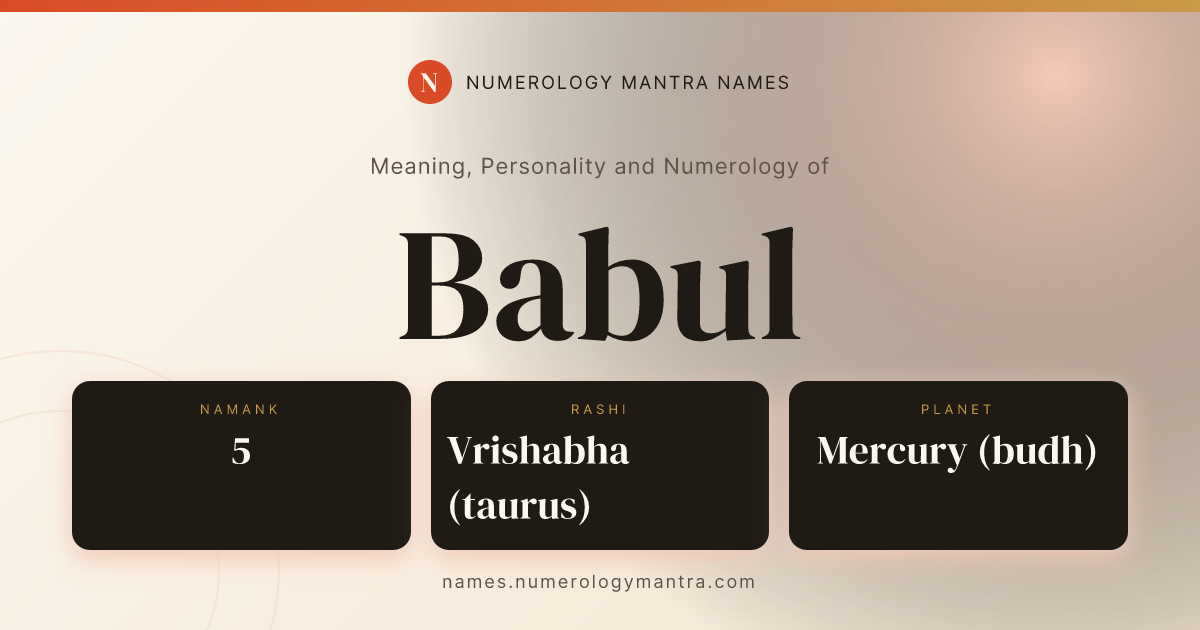 Babul name meaning, Namank calculation, and Vedic profile share card