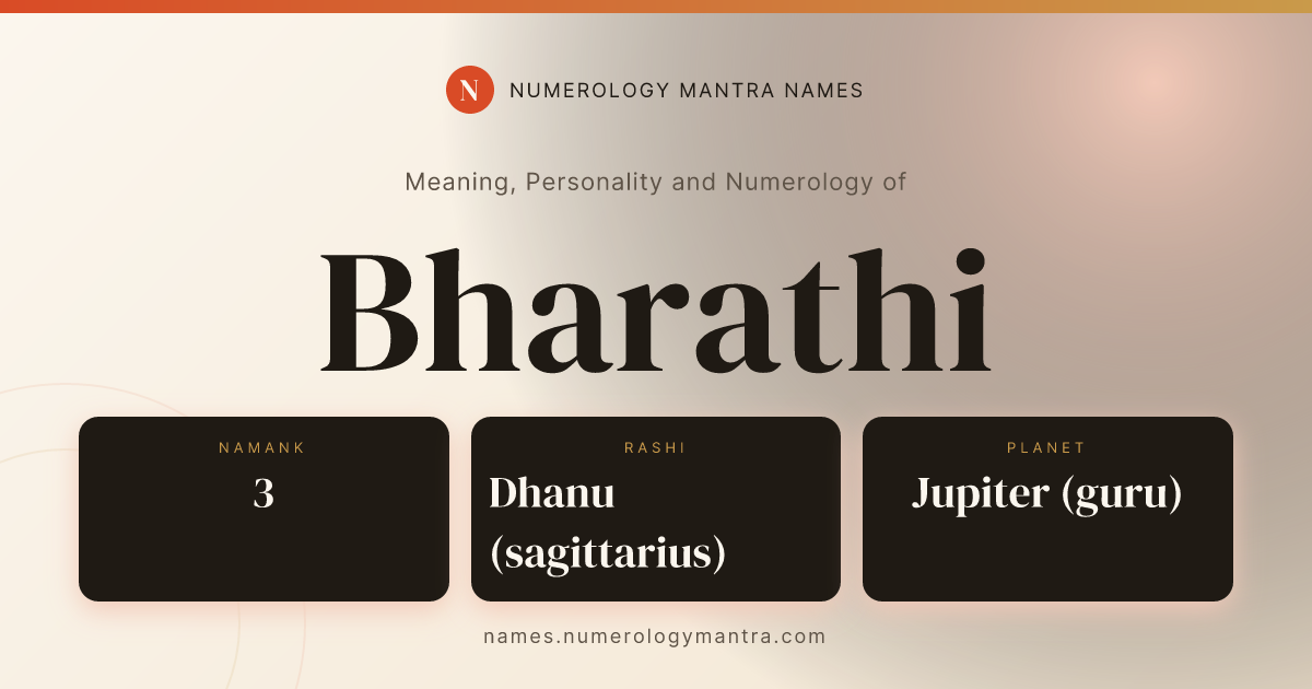 Bharathi name meaning, Namank calculation, and Vedic profile share card