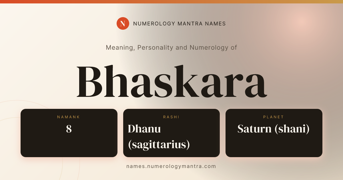 Bhaskara name meaning, Namank calculation, and Vedic profile share card