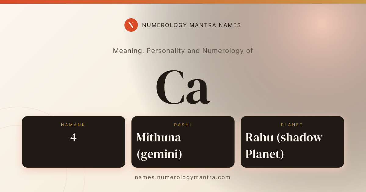 Ca name meaning, Namank calculation, and Vedic profile share card
