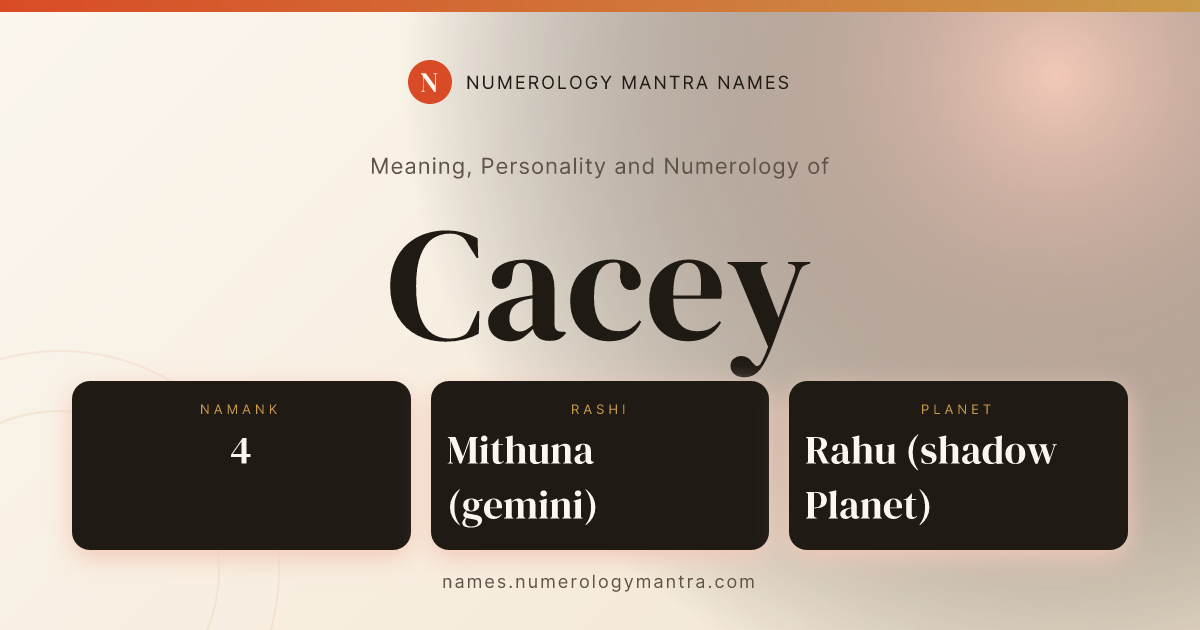 Cacey name meaning, Namank calculation, and Vedic profile share card