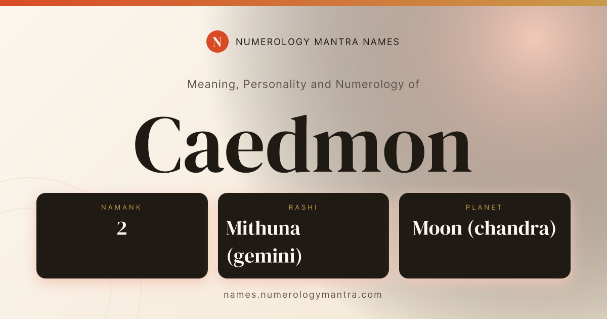 Caedmon name meaning, Namank calculation, and Vedic profile share card