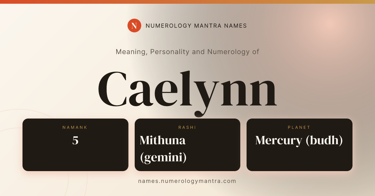 Caelynn name meaning, Namank calculation, and Vedic profile share card