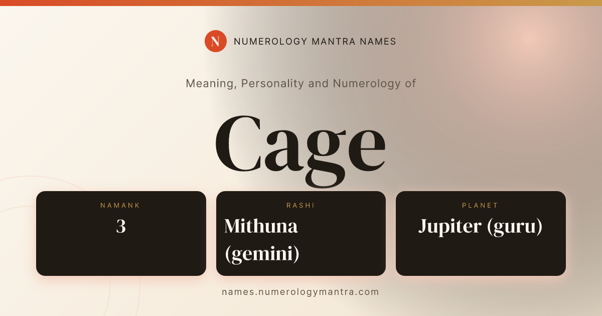 Cage name meaning, Namank calculation, and Vedic profile share card