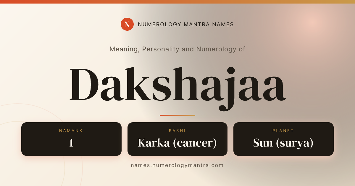 Dakshajaa name meaning, Namank calculation, and Vedic profile share card
