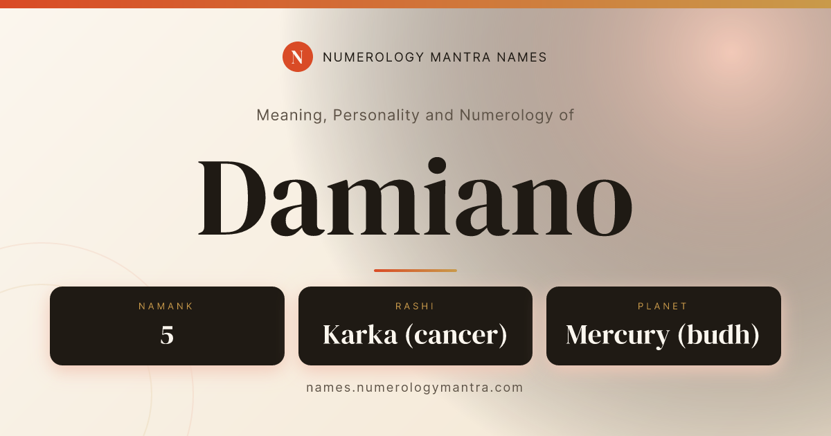 Damiano name meaning, Namank calculation, and Vedic profile share card