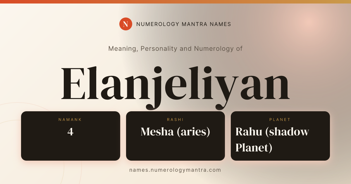 Elanjeliyan name meaning, Namank calculation, and Vedic profile share card
