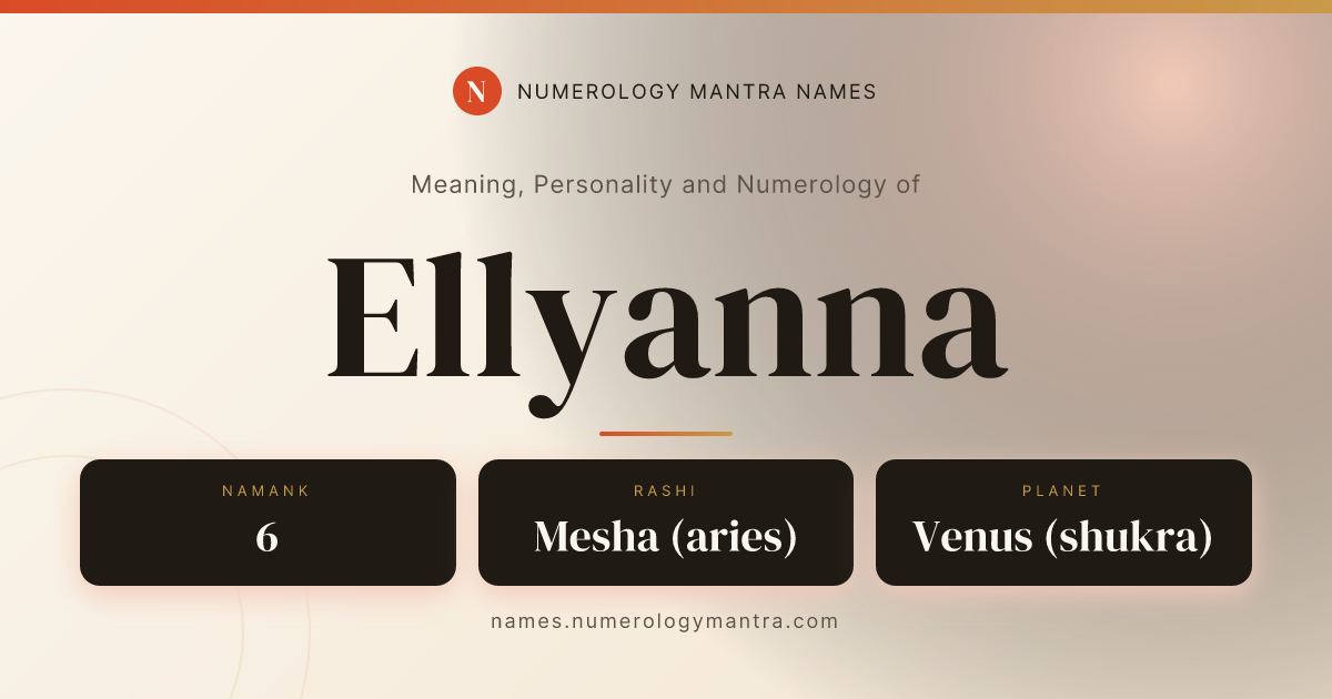 Ellyanna name meaning, Namank calculation, and Vedic profile share card