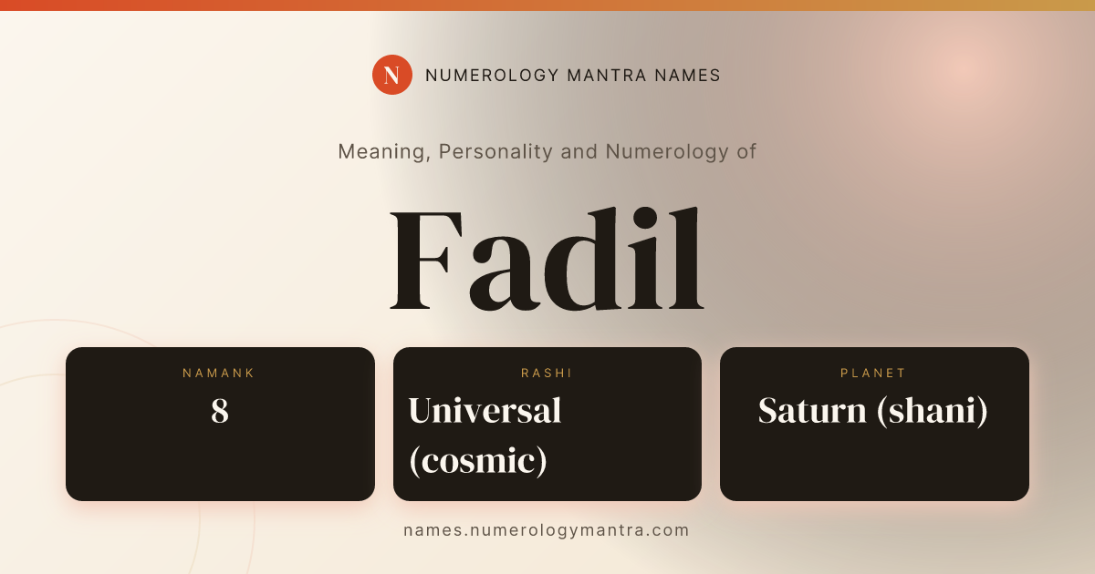 Fadil name meaning, Namank calculation, and Vedic profile share card