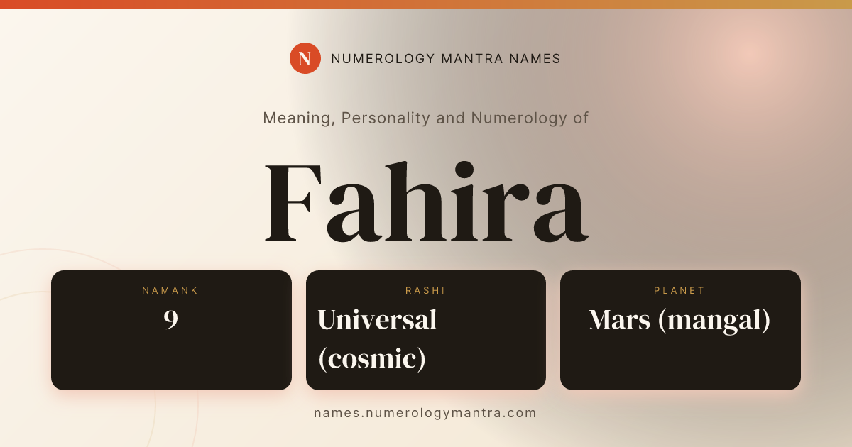 Fahira name meaning, Namank calculation, and Vedic profile share card