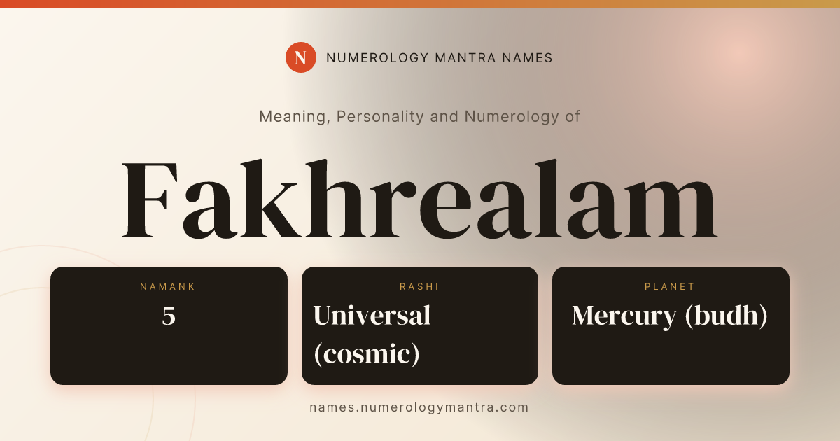 Fakhrealam name meaning, Namank calculation, and Vedic profile share card